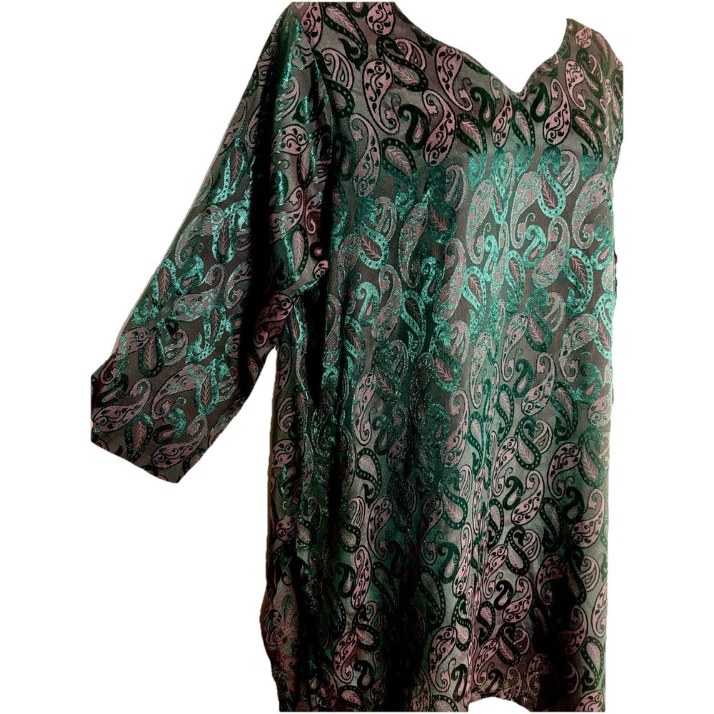 90s Tunic Top Green Purple Paisley M Silk Blend? Shimmering MINI Dress No Tags *
